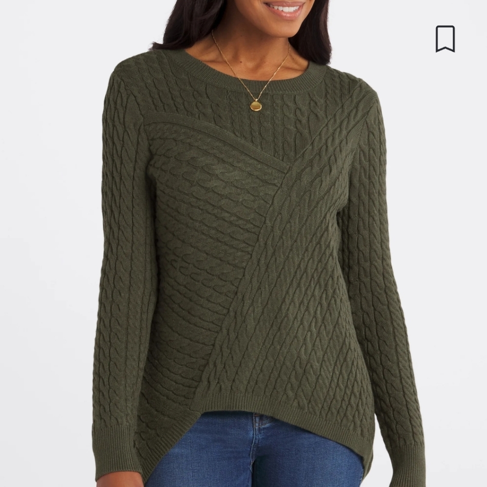 Like New XL Evolution by Cyrus Aneesa Cablee Knit Asymmetrical Hem Sweater